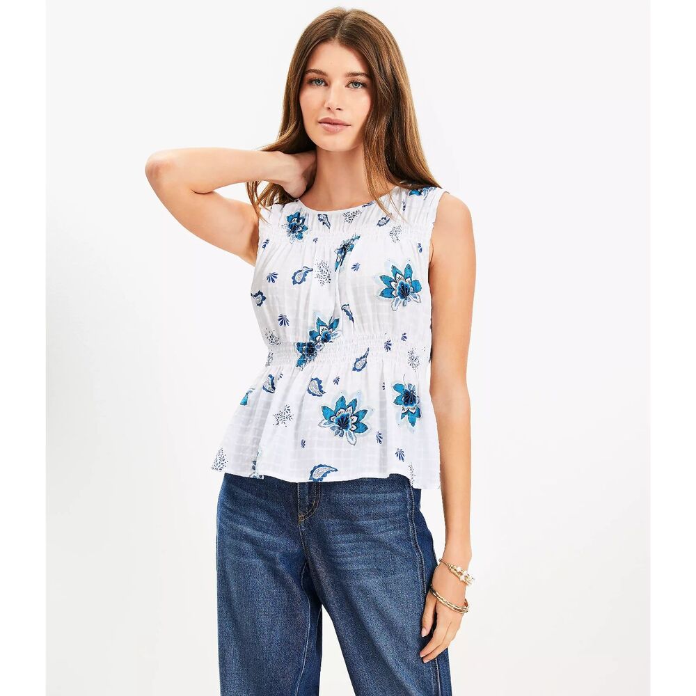 LOFT Extra Small S Sleeveless Top White Blue Paisley Plaid Smocked Peplum Top